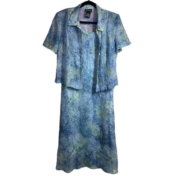 K Studio Vintage Y2K Dress with Jacket Light Flowey Crinkle Maxi Size 16 Blue - Picture 1 of 9